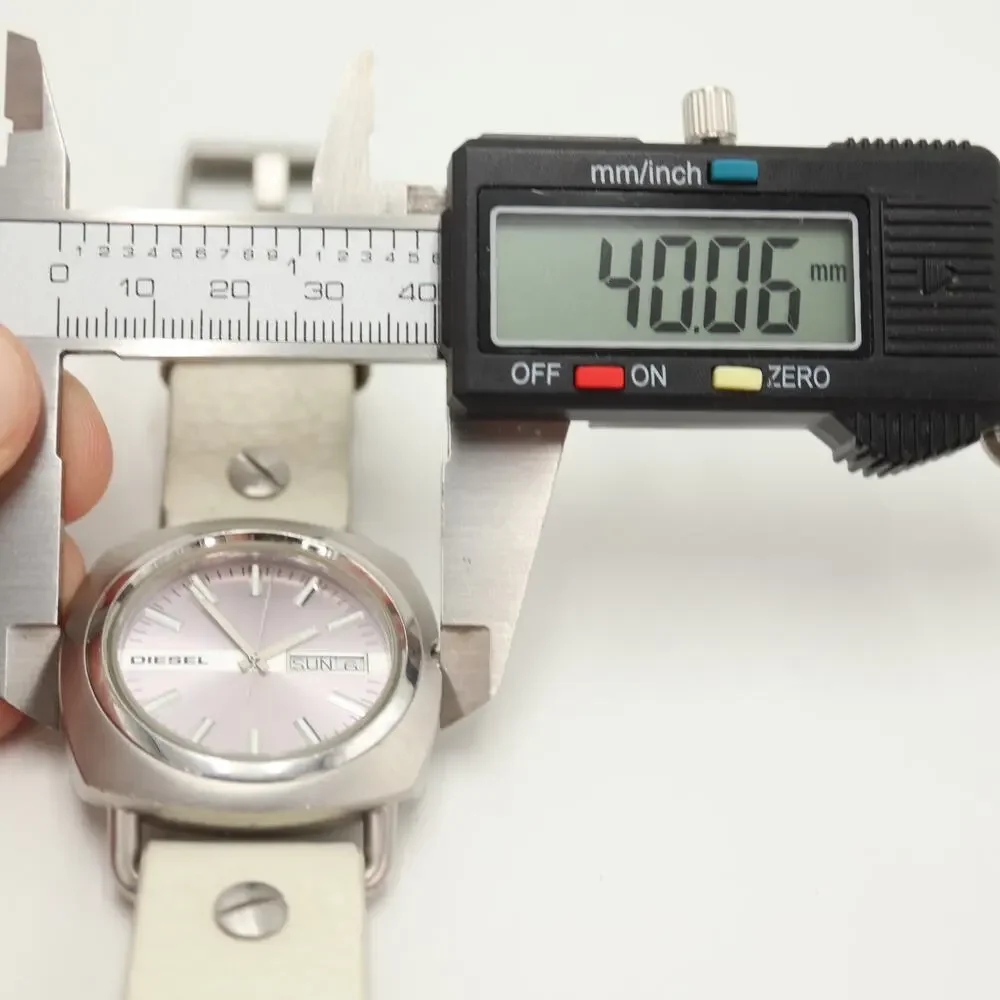 Diesel Mens 40mm Day Date Pink Silver Watch White Leather DZ5090 w New Battery